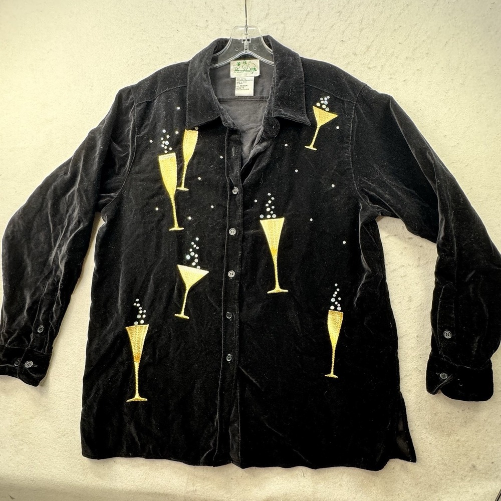 Quacker Factory Velvet Button Down Shirt Women's Medium NYE Celebration Sequins